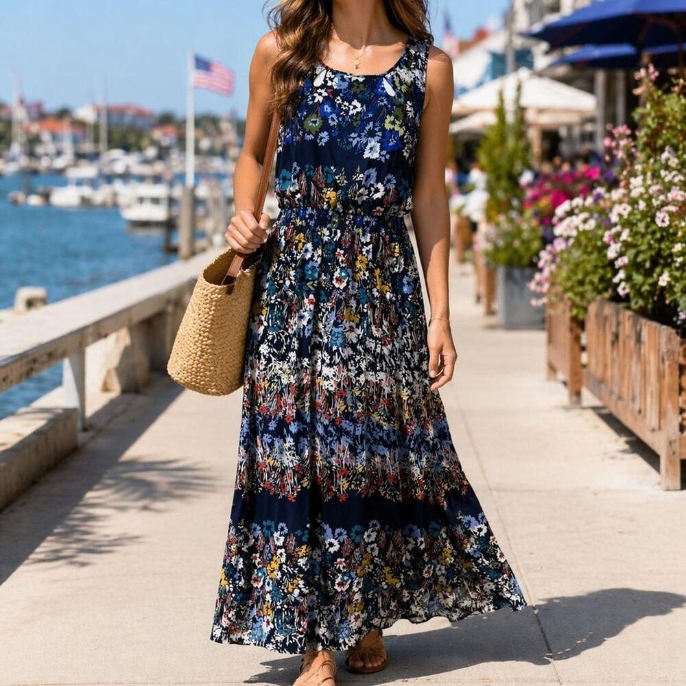 Floral Maxi Dress 12 Open Back Boho Resort Cruise Cottagecore Coastal Romantic